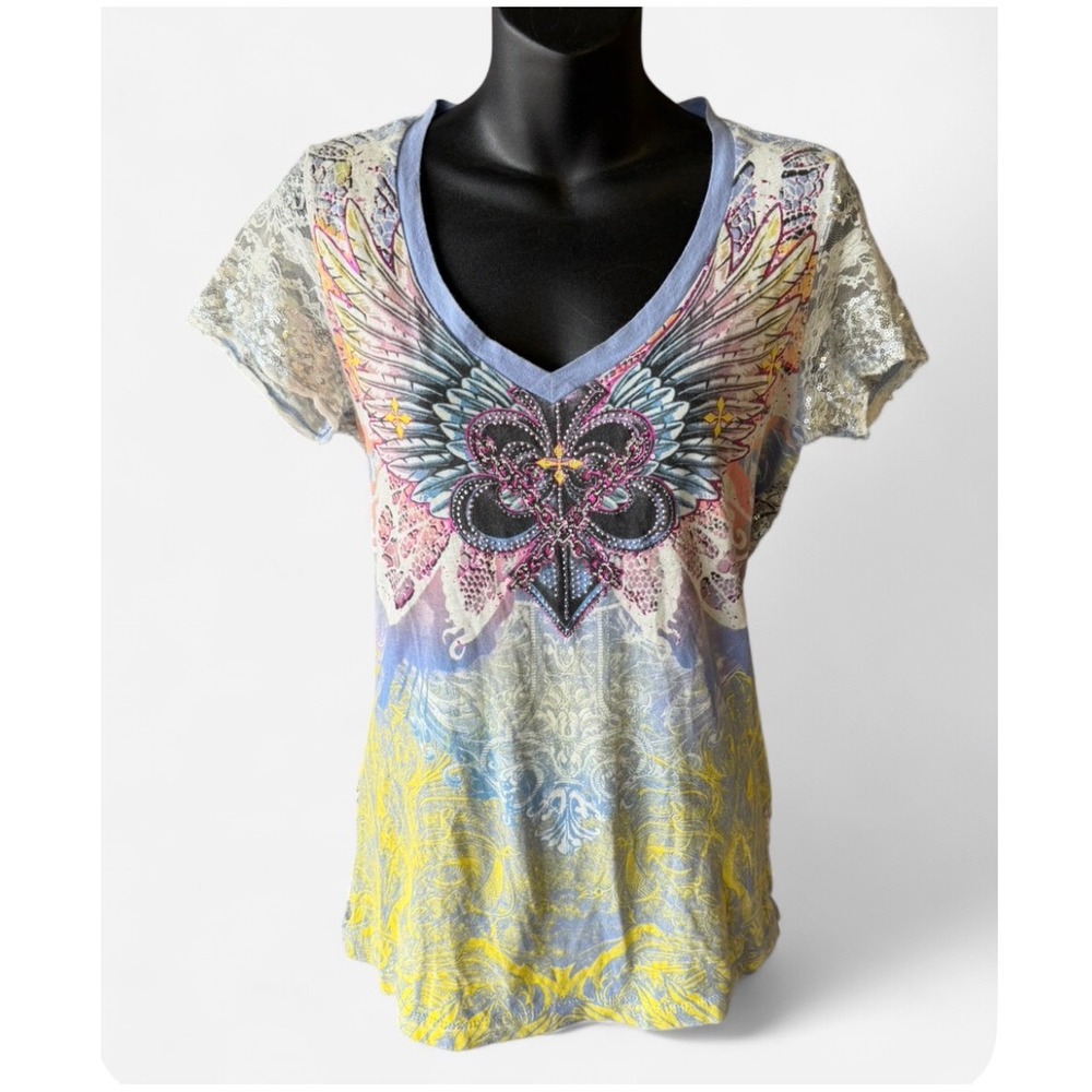 Angels & Diamonds‎ Graphic Tee Blue Sequin Lace Wing Rhinestone Womens Large